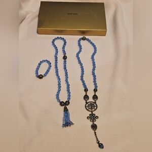 Heidi Daus Sky Blue Beaded Necklaces And Bracelet Set With Rhinestones